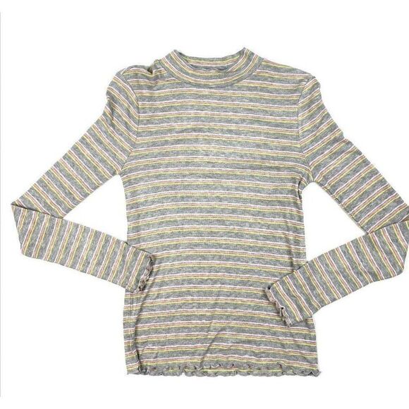 Juniors Shirt Top Medium Gray Stripe Ribbed Mock‎ - Picture 1 of 6